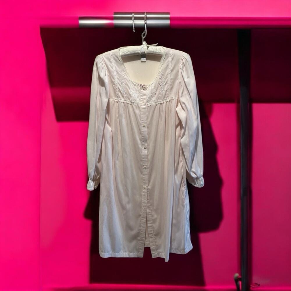 Vintage 80s Miss Elaine Sheer Long Sleeve Button Down Robe Pink Pockets Size L
